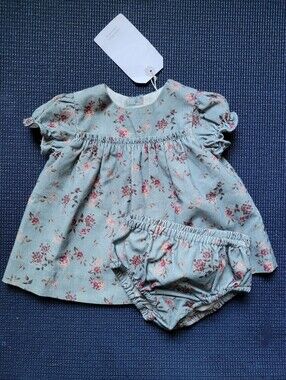 Zara Puff-Sleeve Baby Dress & Bloomers -  Floral Print Fine Wale Corduroy 1-3m